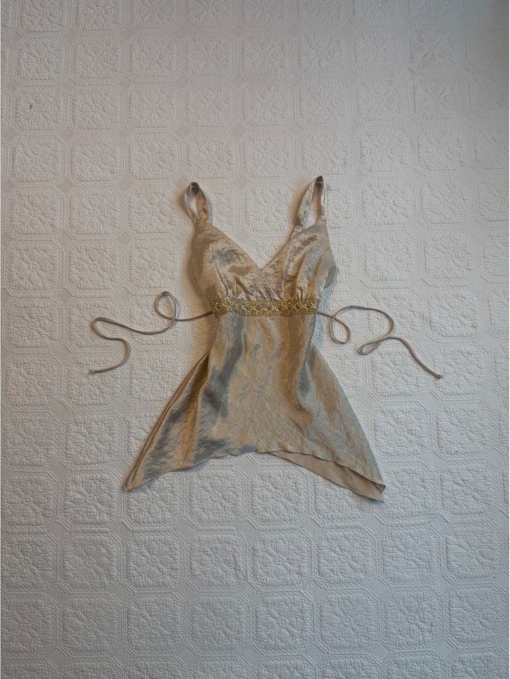 Y2K rare Anxiety babydoll beaded Beige Satin Embellished Sleeveless Top size m